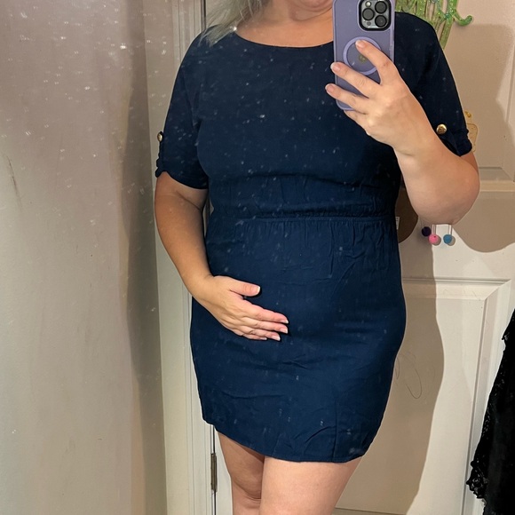 EVERLY NAVY BLUE VAGUELY NAUTICAL DRESS SO CUTE BOATING DRESSY CASUAL GOLD M EUC - Picture 4 of 11